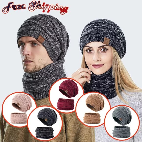 Knitting Beanie Hats Scarf set for Winter Cap Womens Mens Christmas Party Gift - Picture 2 of 12